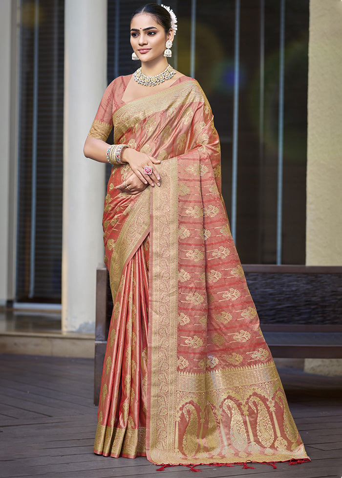 Peach Satin Silk Saree With Blouse Piece