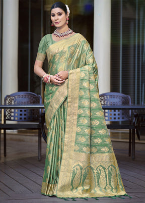 Rama Green Satin Silk Saree With Blouse Piece