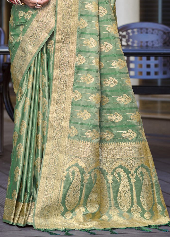 Rama Green Satin Silk Saree With Blouse Piece