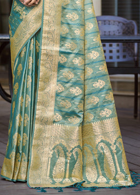 Sea Green Satin Silk Saree With Blouse Piece