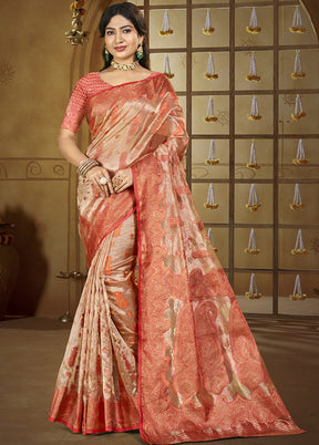 Peach Spun Silk Saree With Blouse Piece