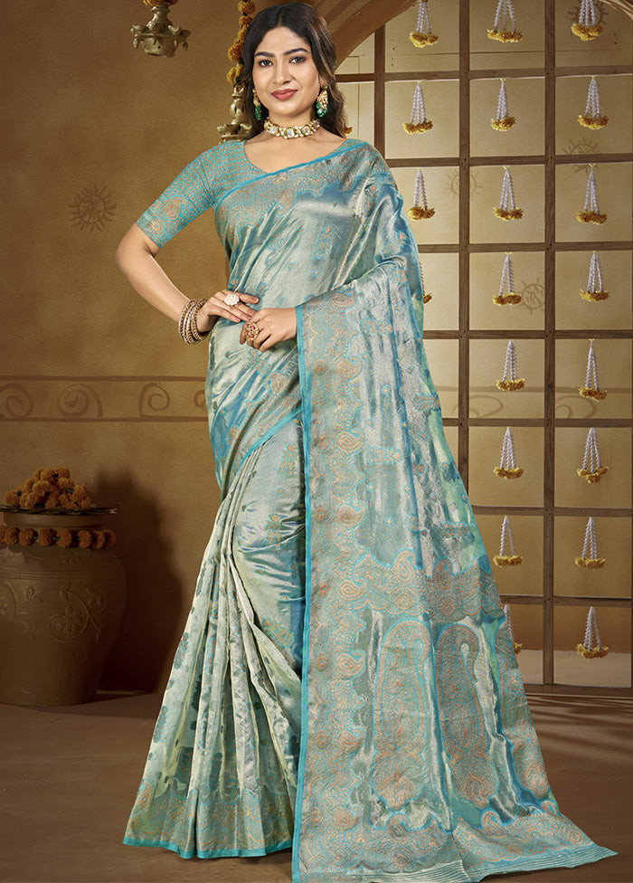 Sky Blue Spun Silk Saree With Blouse Piece