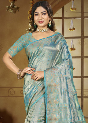 Sky Blue Spun Silk Saree With Blouse Piece