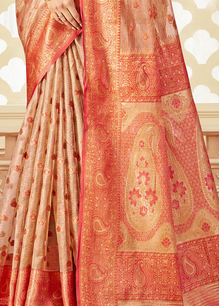 Peach Dupion Silk Saree With Blouse Piece