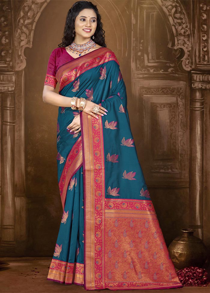 Blue Dupion Silk Saree With Blouse Piece