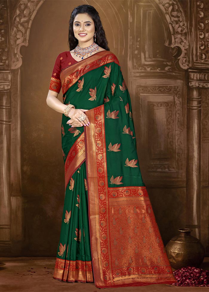 Bottle Green Dupion Silk Saree With Blouse Piece