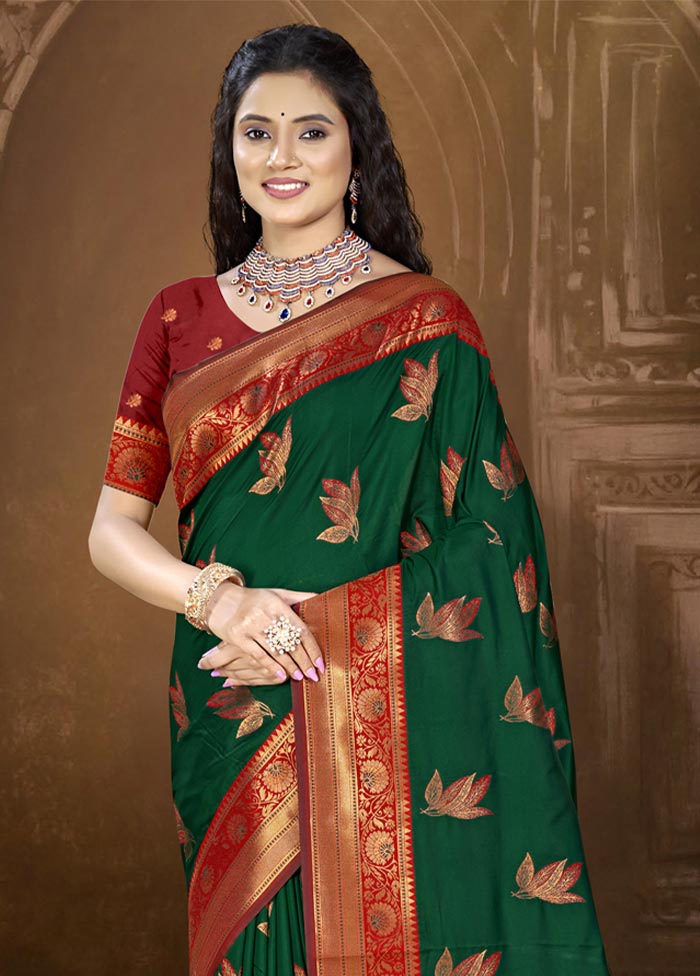 Bottle Green Dupion Silk Saree With Blouse Piece