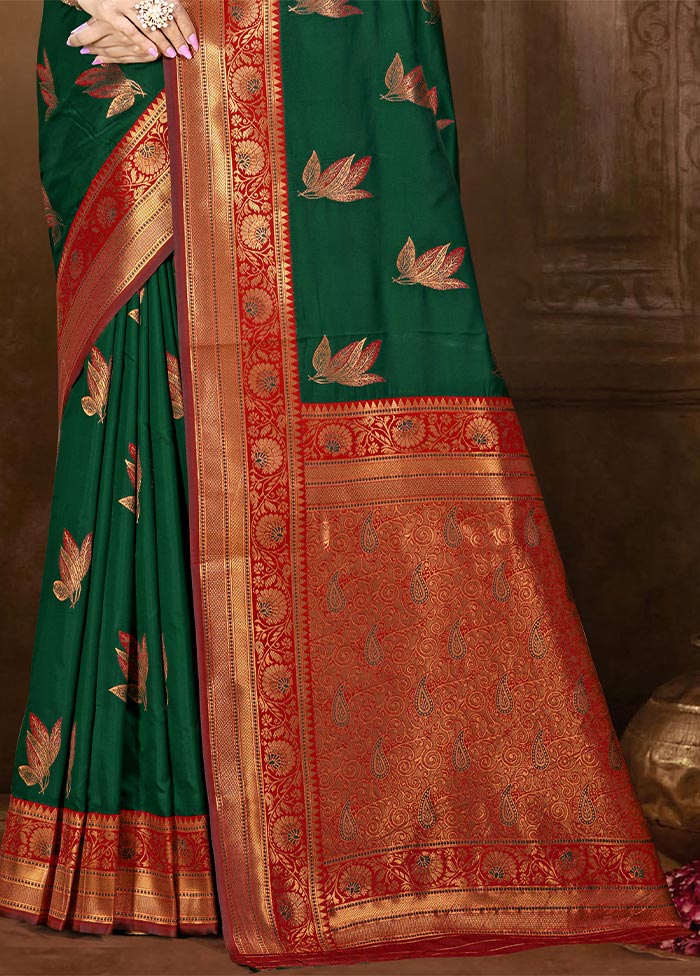 Bottle Green Dupion Silk Saree With Blouse Piece