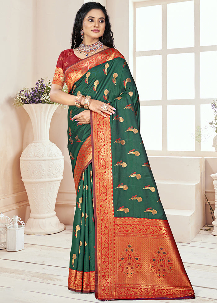 Bottle Green Dupion Silk Saree With Blouse Piece