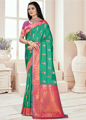 Teal Green Dupion Silk Saree With Blouse Piece