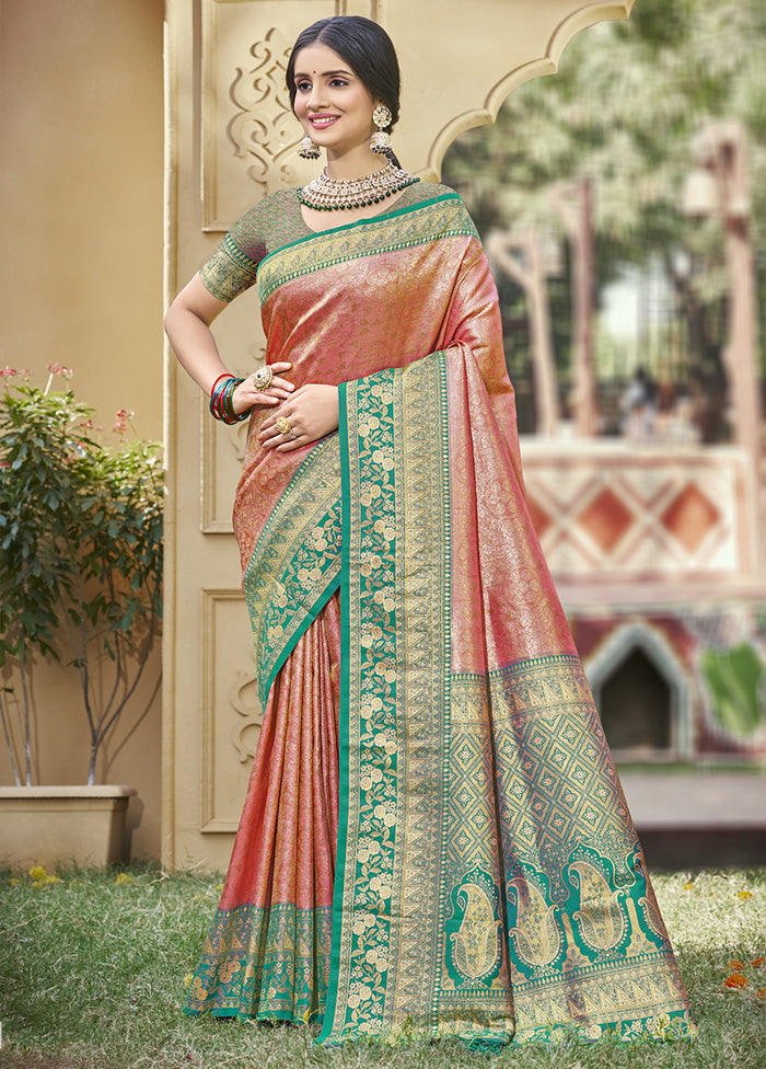 Peach Spun Silk Saree With Blouse Piece