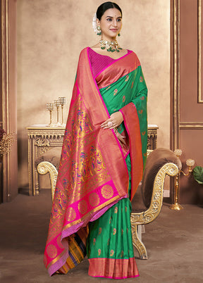 Green Spun Silk Saree With Blouse Piece