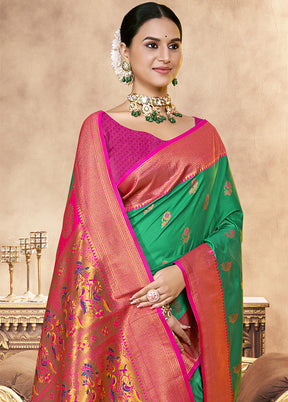 Green Spun Silk Saree With Blouse Piece