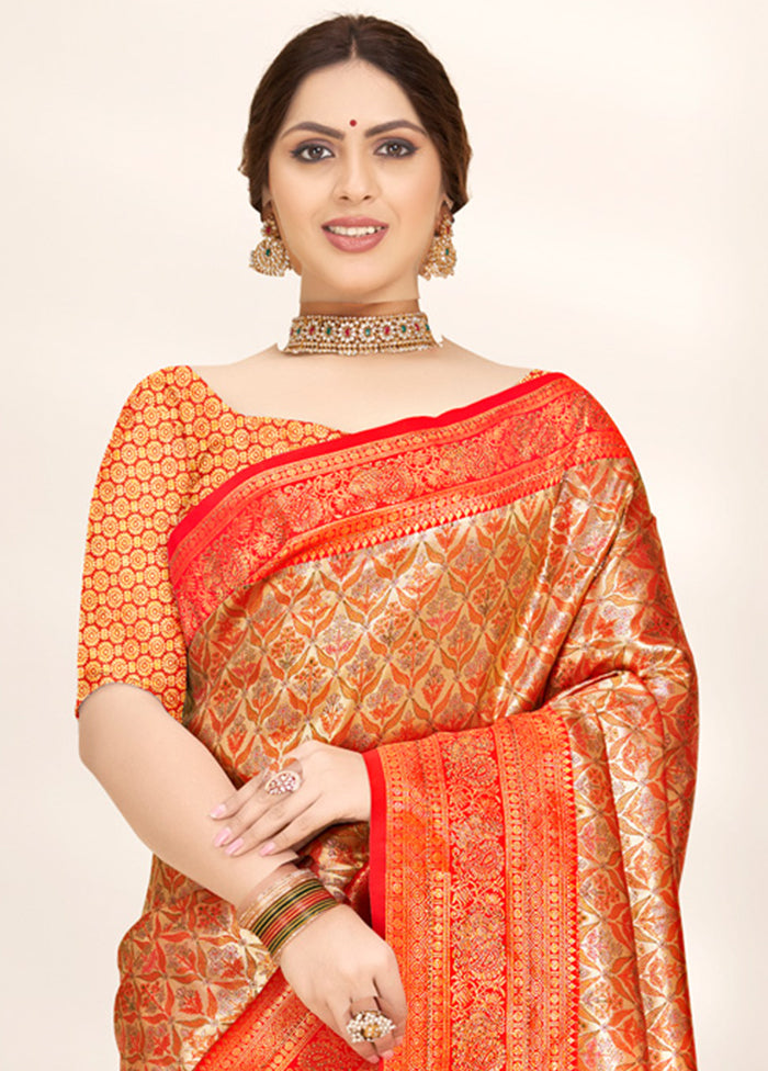 Orange Dupion Silk Saree With Blouse Piece