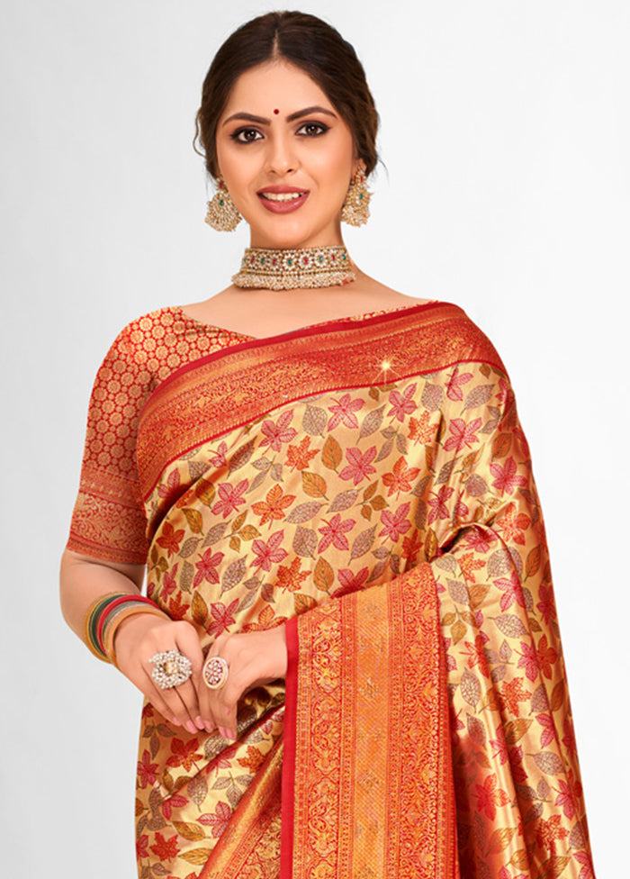 Red Dupion Silk Saree With Blouse Piece - Indian Silk House Agencies