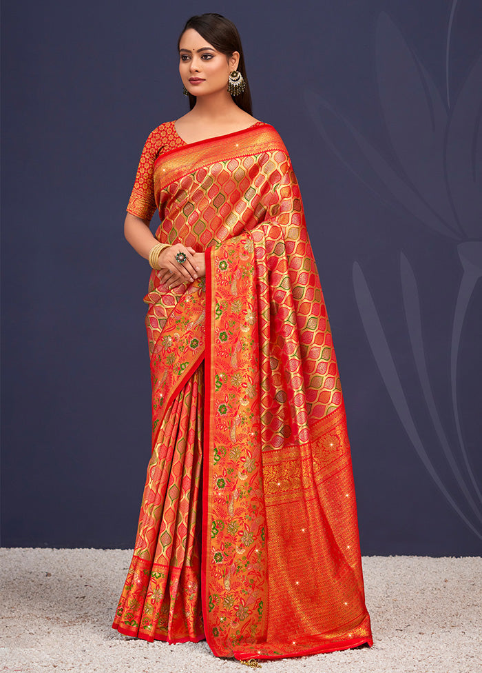 Orange Dupion Silk Saree With Blouse Piece