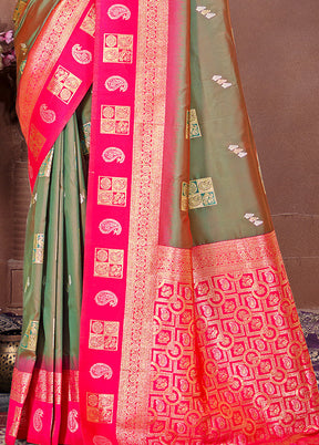 Olive Green Dupion Silk Saree With Blouse Piece