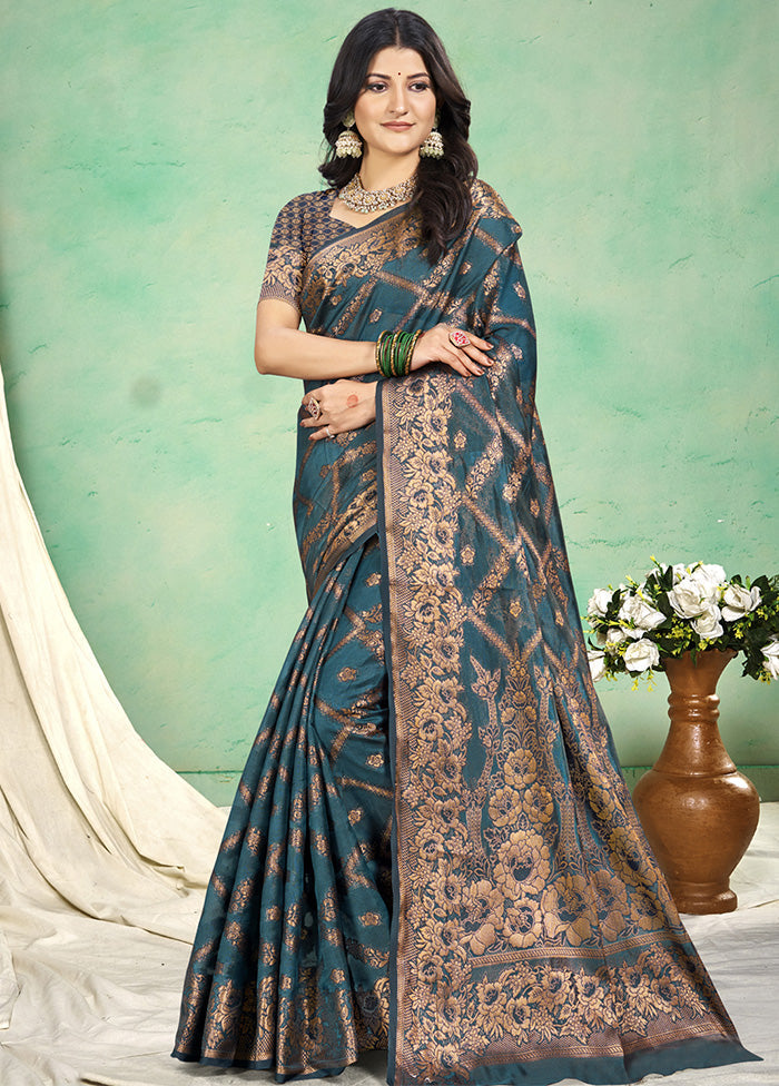 Blue Spun Silk Saree With Blouse Piece