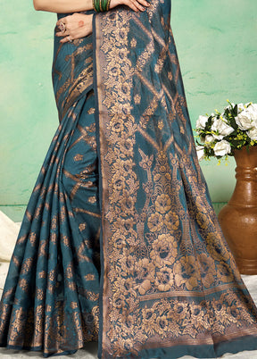 Blue Spun Silk Saree With Blouse Piece