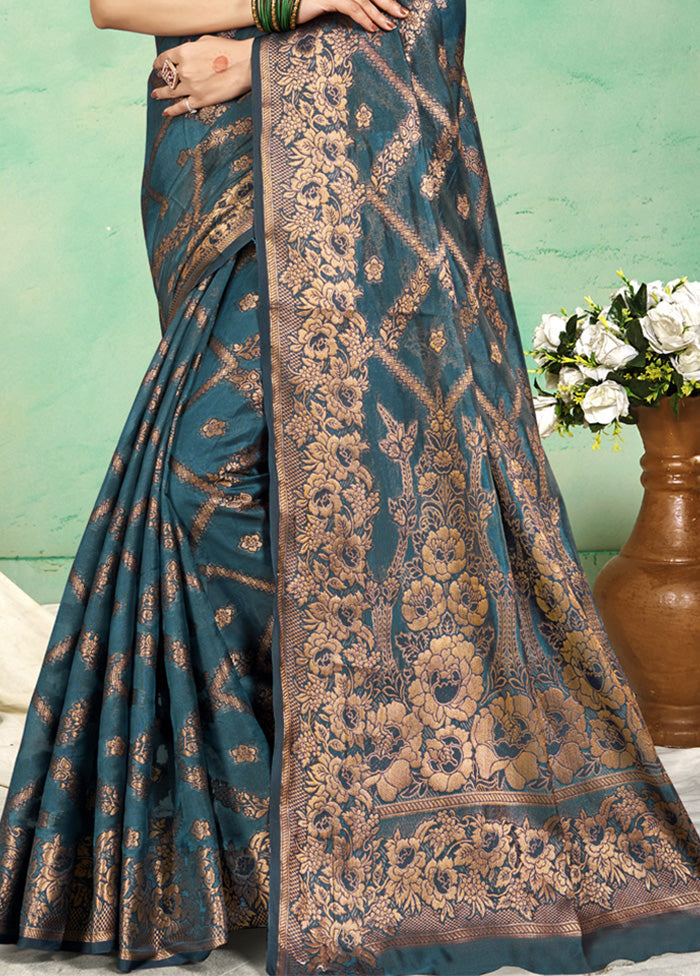 Blue Spun Silk Saree With Blouse Piece