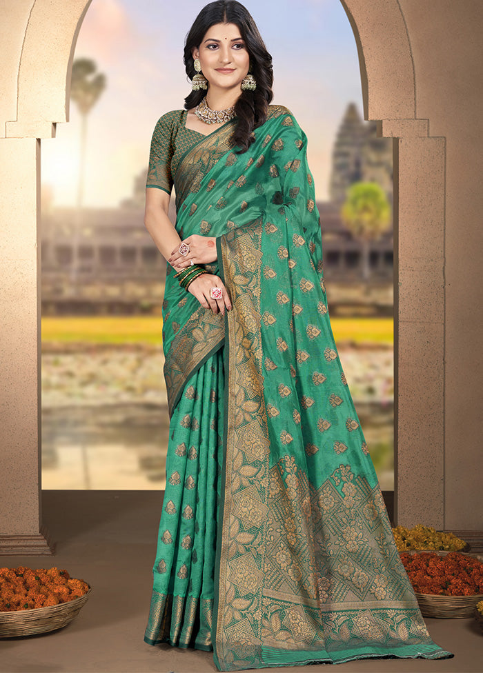 Rama Green Spun Silk Saree With Blouse Piece