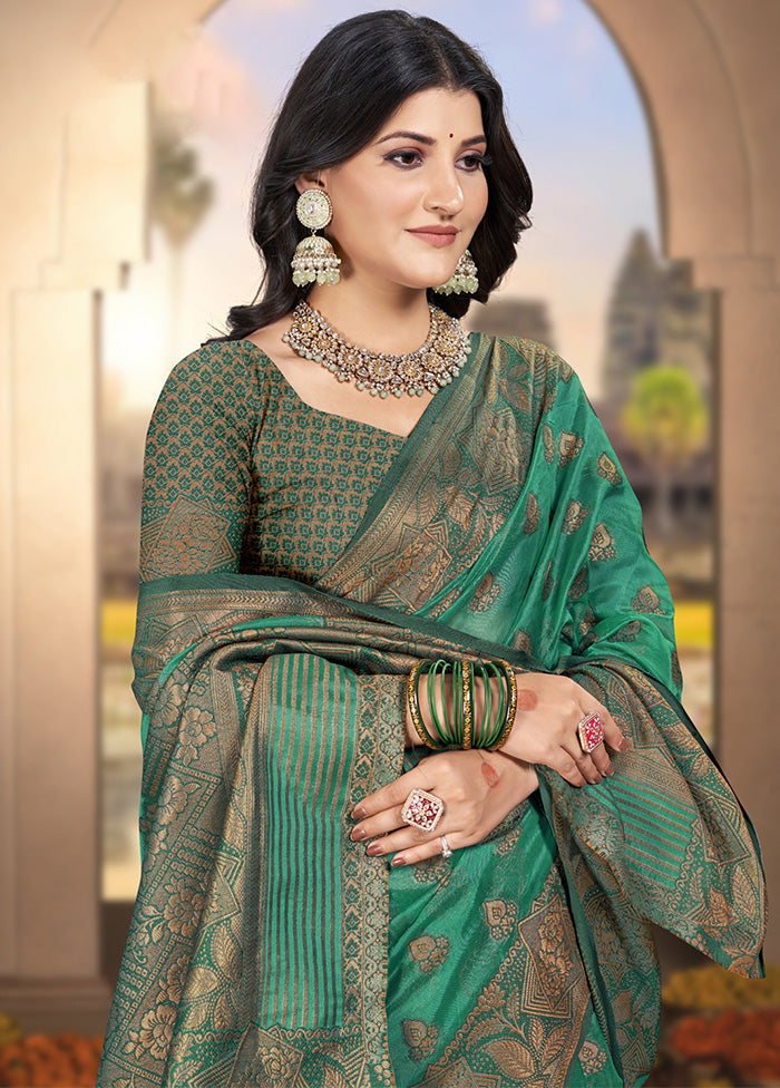 Rama Green Spun Silk Saree With Blouse Piece