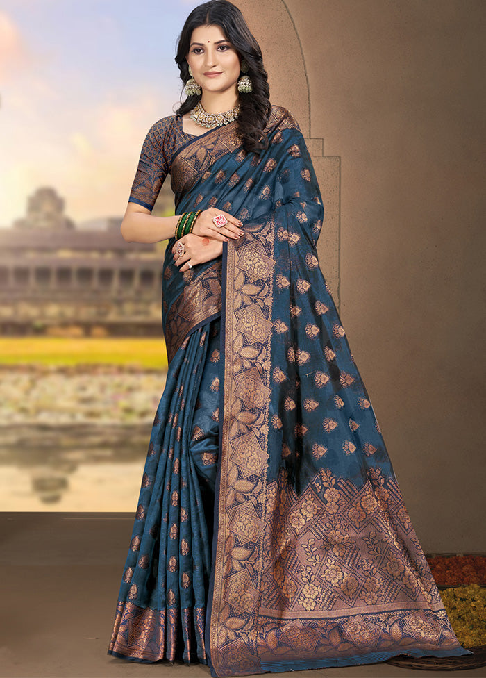 Navy Blue Spun Silk Saree With Blouse Piece