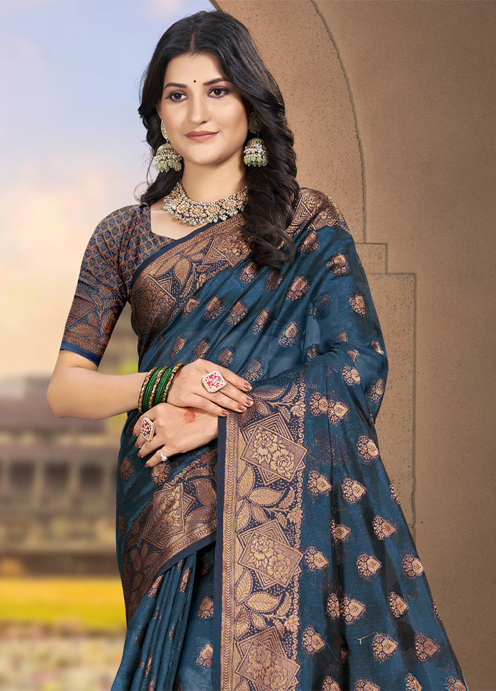 Navy Blue Spun Silk Saree With Blouse Piece