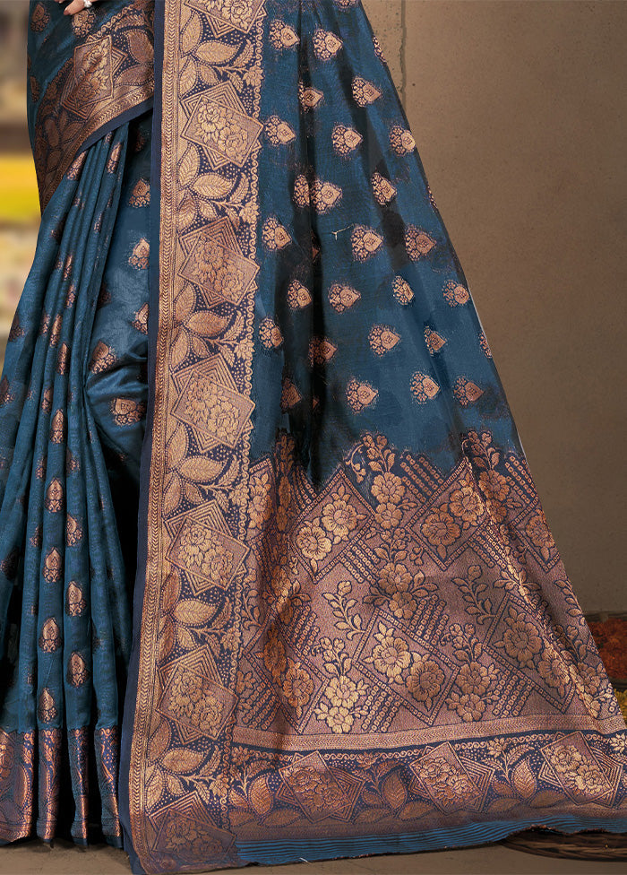 Navy Blue Spun Silk Saree With Blouse Piece