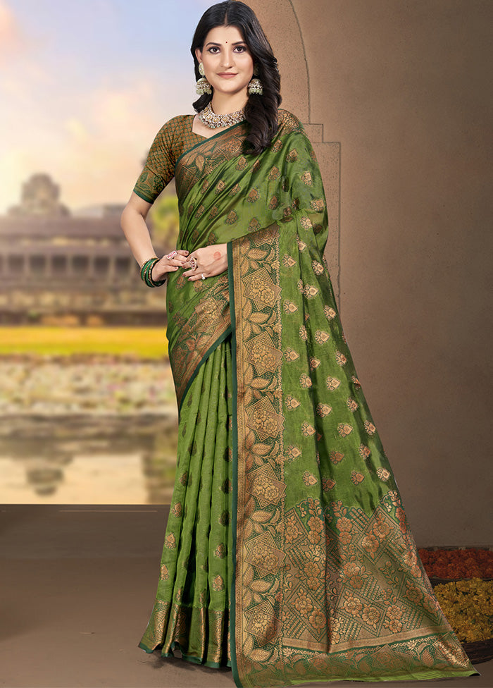 Mehendi Spun Silk Saree With Blouse Piece