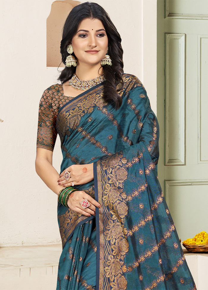 Turquoise Blue Spun Silk Saree With Blouse Piece