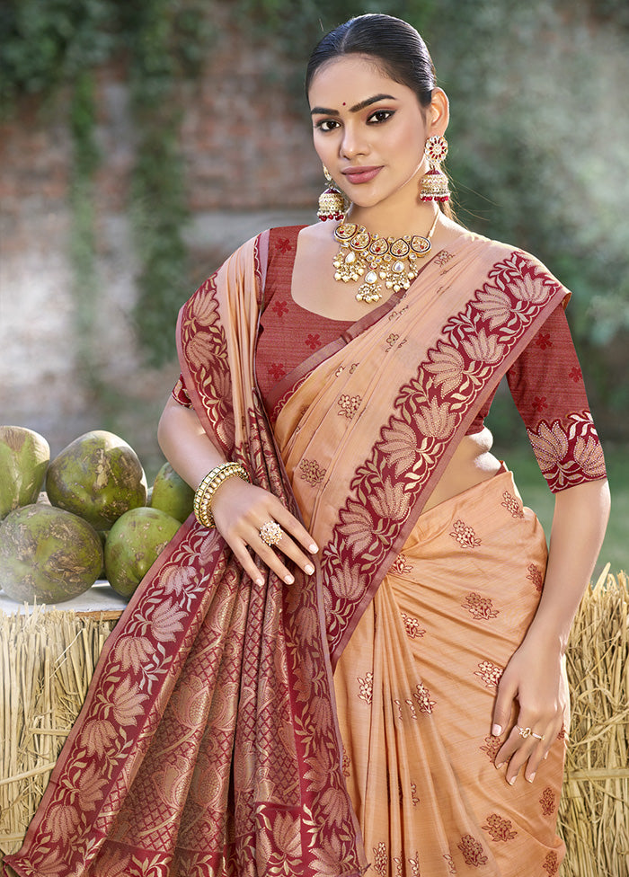 Peach Spun Silk Saree With Blouse Piece