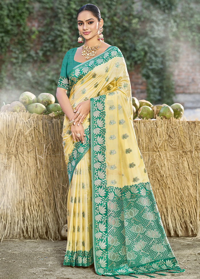 Yellow Spun Silk Saree With Blouse Piece