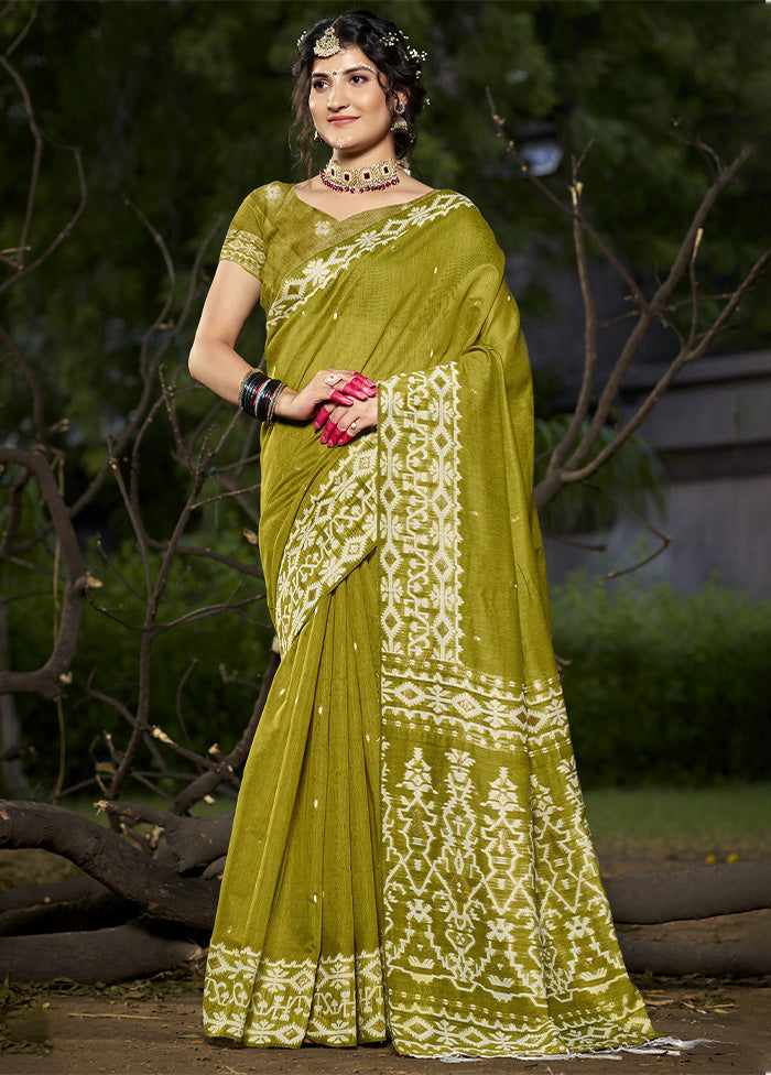 Olive Green Cotton Saree With Blouse Piece