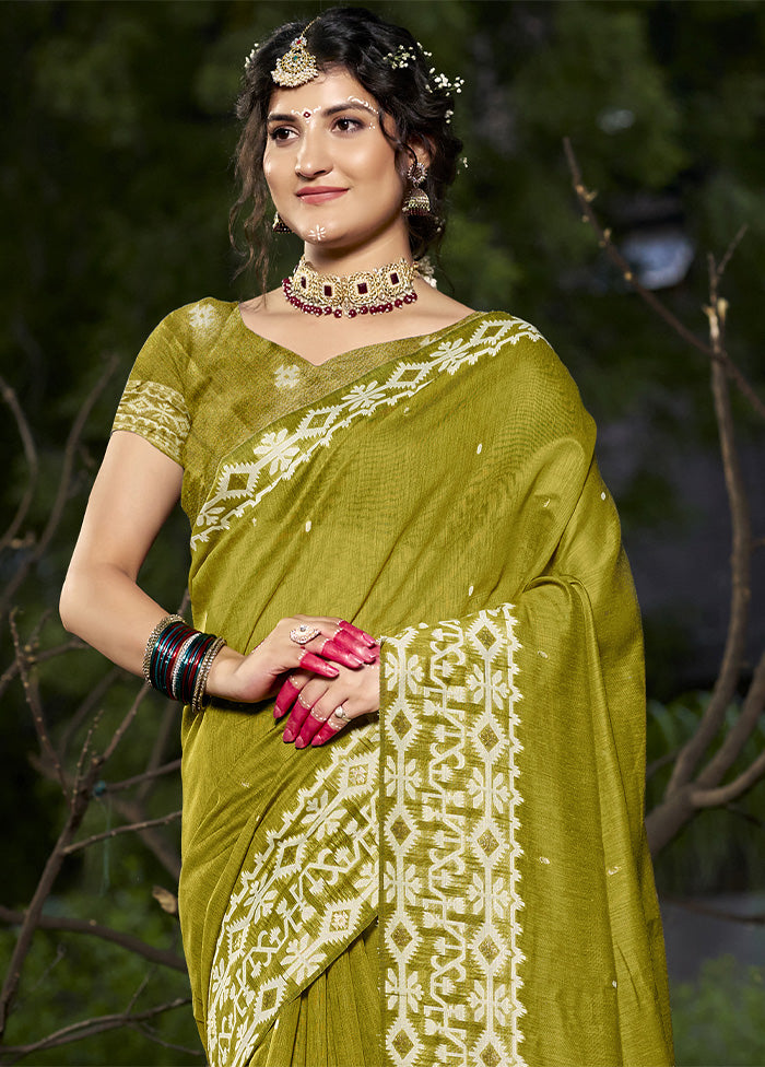 Olive Green Cotton Saree With Blouse Piece