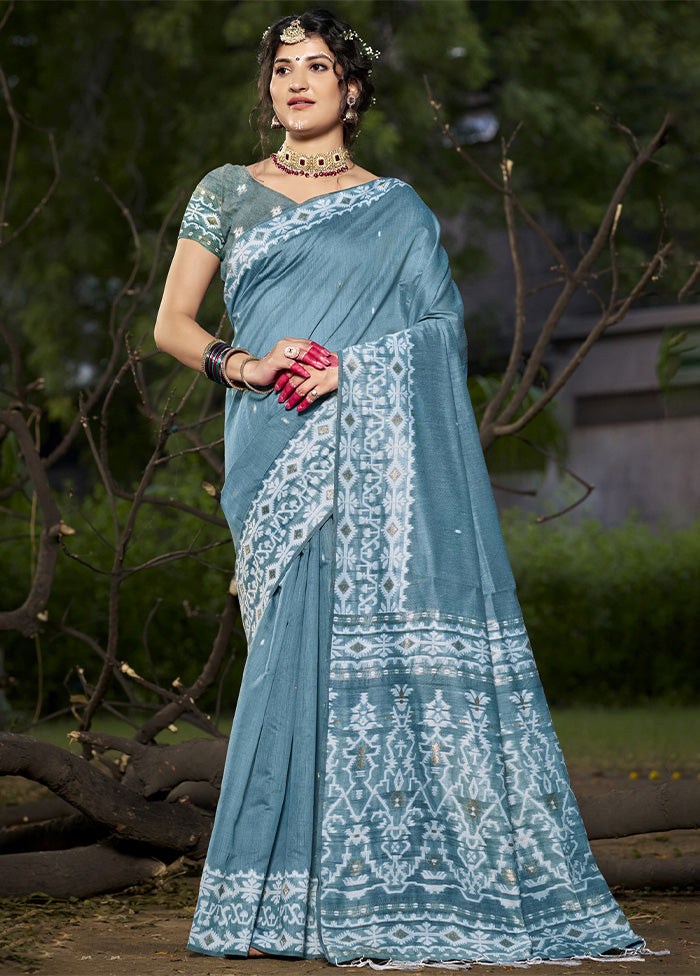 Light Blue Cotton Saree With Blouse Piece