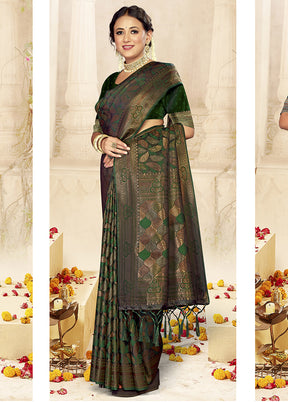 Bottle Green Satin Silk Saree With Blouse Piece