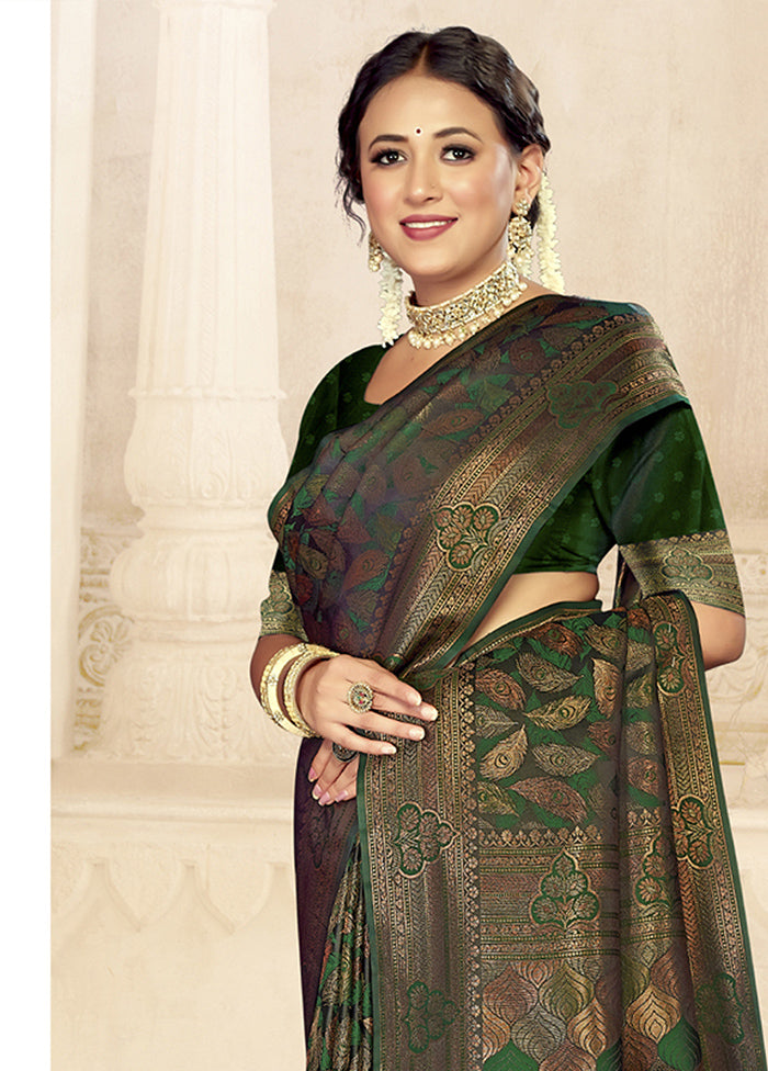 Bottle Green Satin Silk Saree With Blouse Piece