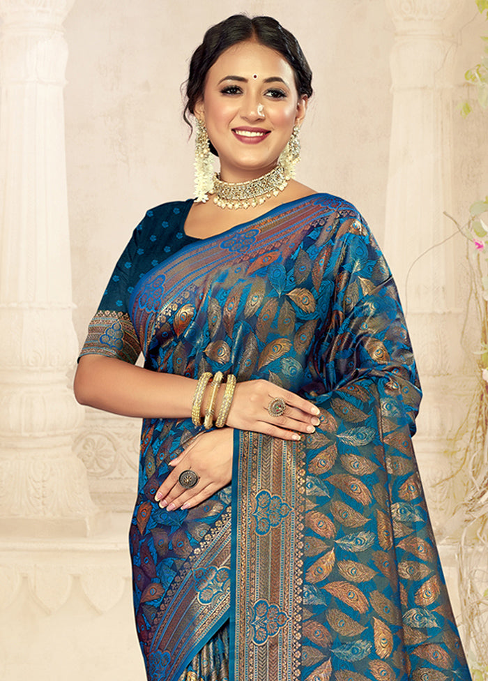 Blue Satin Silk Saree With Blouse Piece