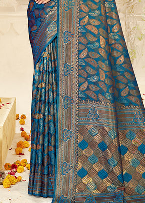 Blue Satin Silk Saree With Blouse Piece