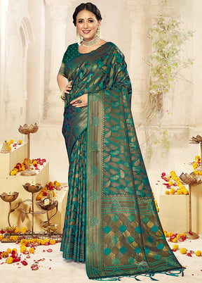 Green Satin Silk Saree With Blouse Piece