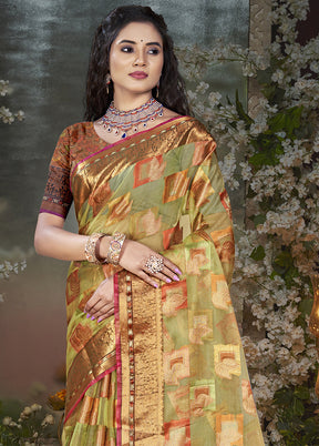 Olive Green Chanderi Silk Saree With Blouse Piece