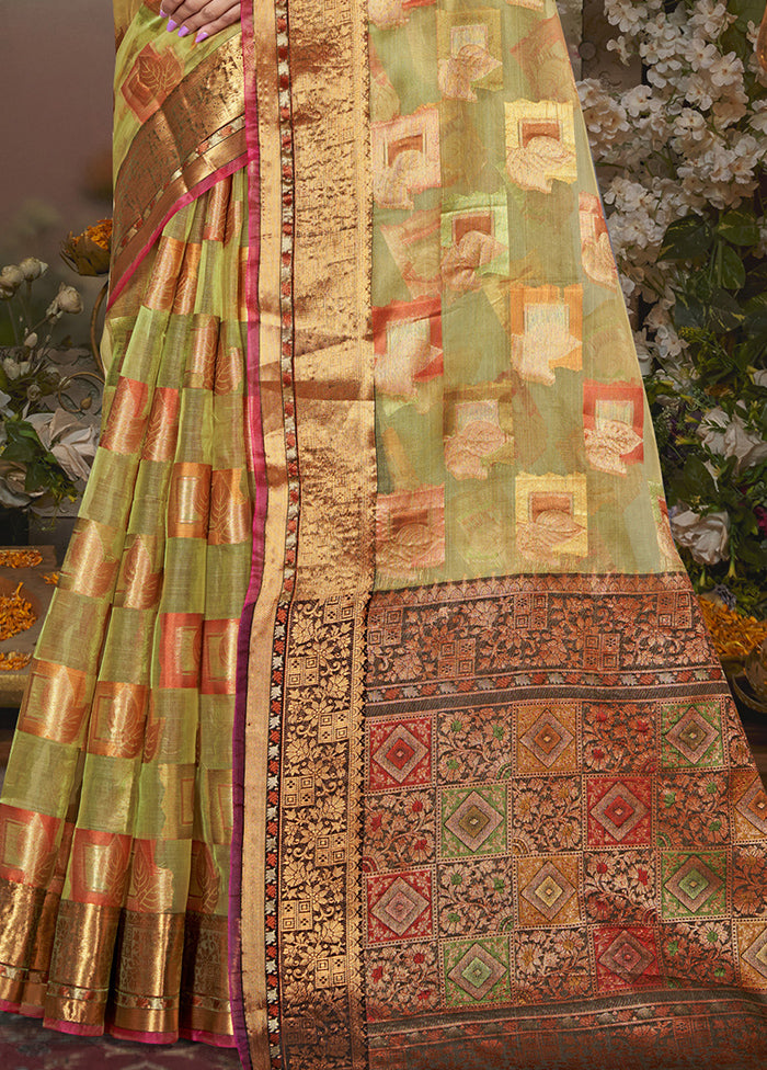 Olive Green Chanderi Silk Saree With Blouse Piece