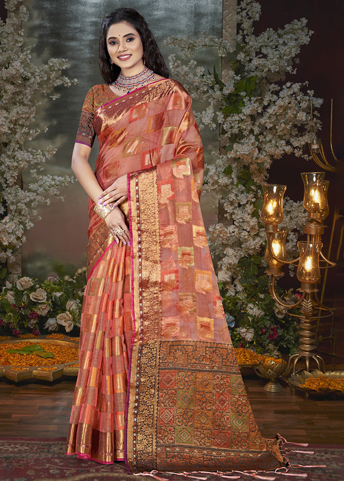 Pink Chanderi Silk Saree With Blouse Piece