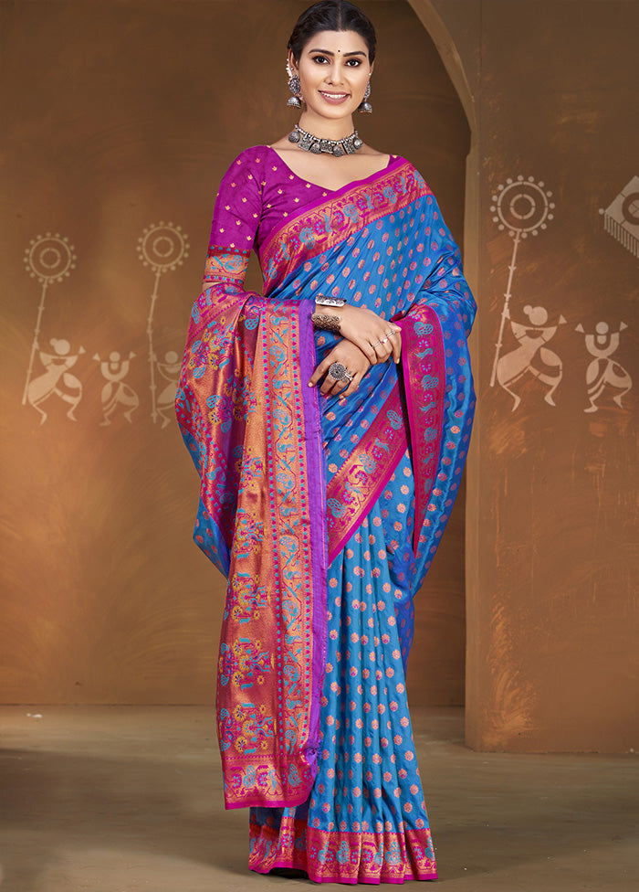 Blue Spun Silk Saree With Blouse Piece