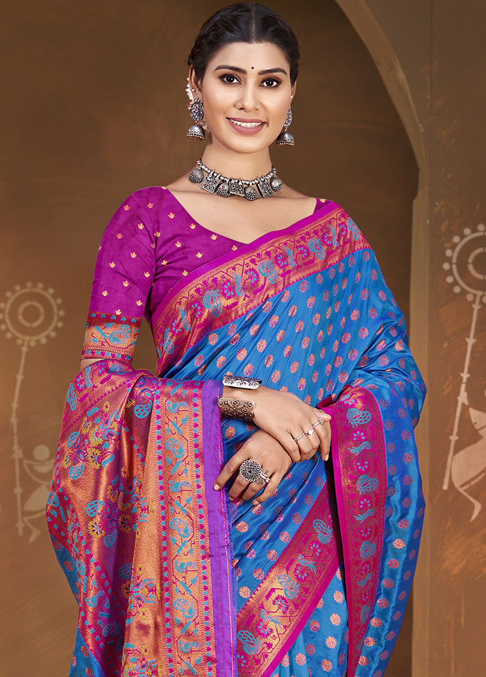 Blue Spun Silk Saree With Blouse Piece