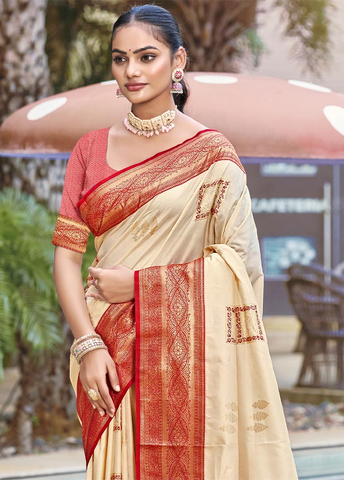 Cream Dupion Silk Saree With Blouse Piece