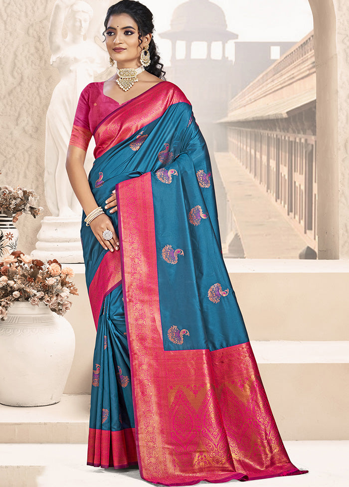 Blue Spun Silk Saree With Blouse Piece