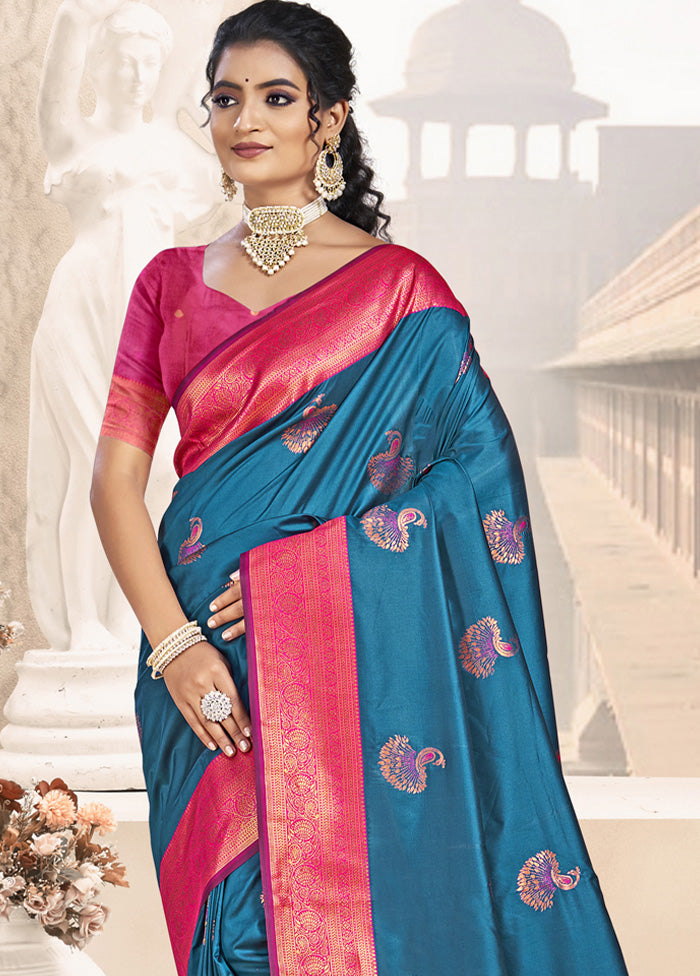 Blue Spun Silk Saree With Blouse Piece