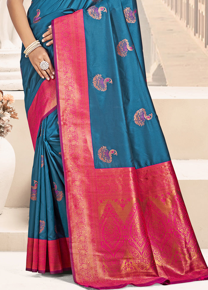 Blue Spun Silk Saree With Blouse Piece